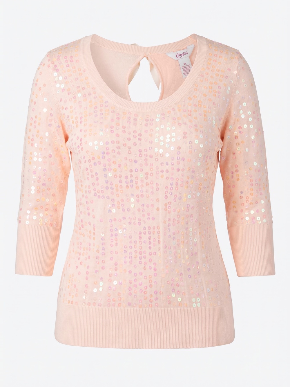 Candie's Women's Sequin Pullover Top Peach Pink Size XL 3/4 Sleeve NWT